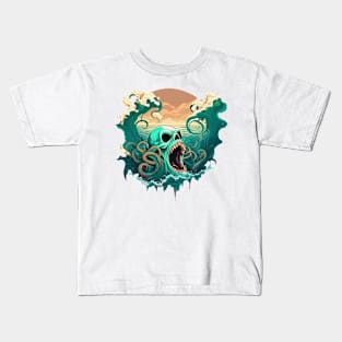 sea ​​kraken skull covering itself between waves, colorfull Kids T-Shirt